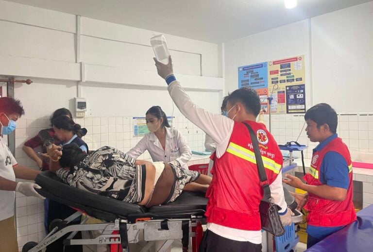 Medical staff treat an injured villager from Prey Chan at a local center after a reported shooting involving Thai troops on Nov. 12, 2025. Photo posted on Facebook by Information Minister Neth Pheaktra.