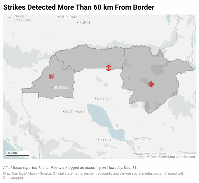 Map showing locations where Thai strikes were reported well inside Cambodian territory.