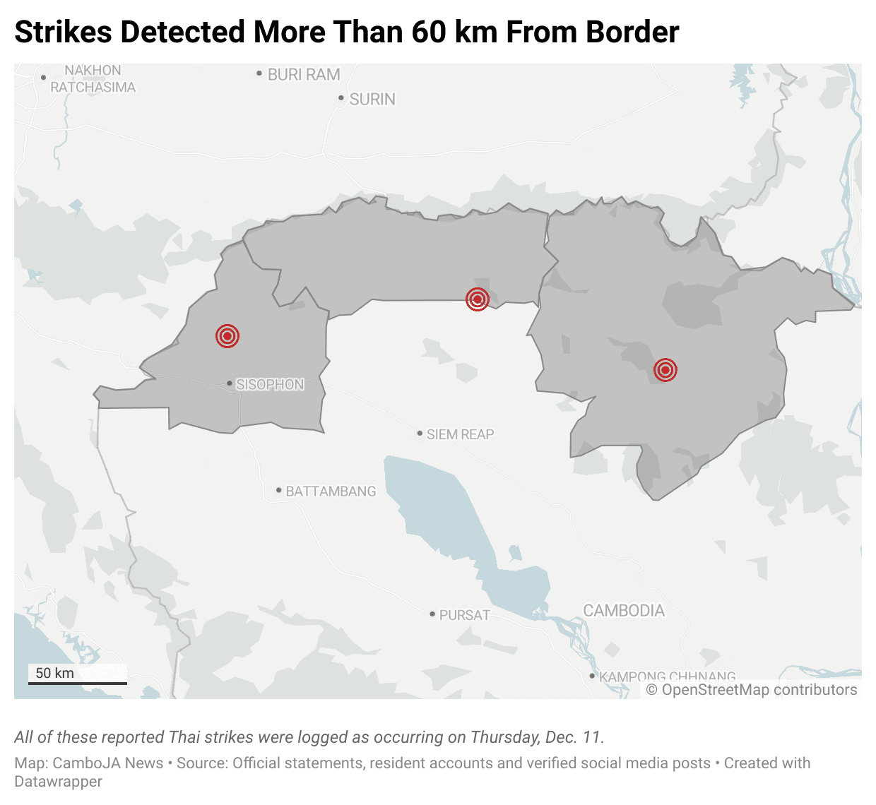 Map showing locations where Thai strikes were reported well inside Cambodian territory.