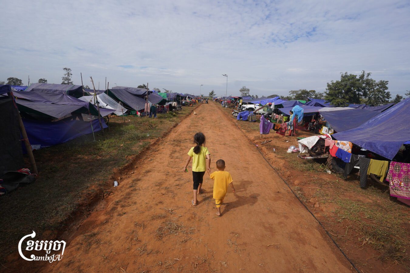 Children play at a displacement camp in Cambodia on December 11, 2025. (Cambodia/Yarn Soveit)